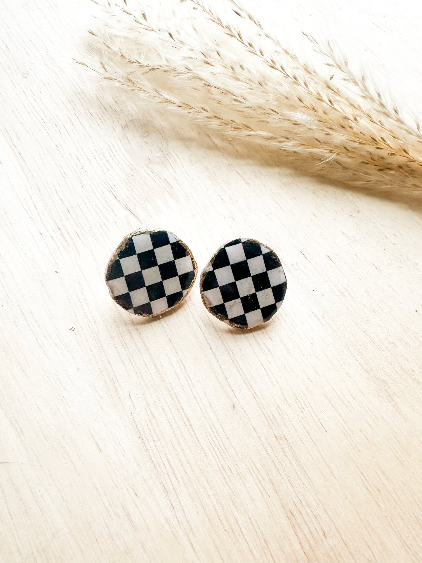 Black and White Checkered Circle Studs