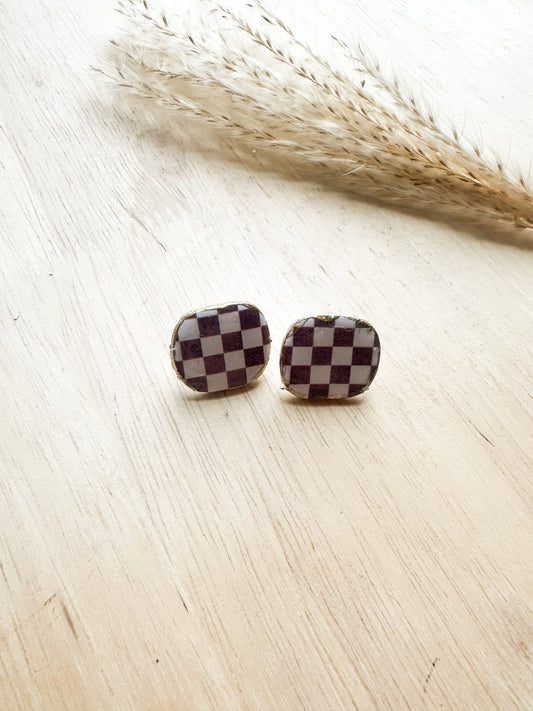 Brown and White Checkered Square Studs